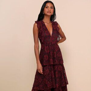 Molinetto Burgundy Lace Ruffled Tiered Sleeveless Maxi Dress - Excellent Cond.